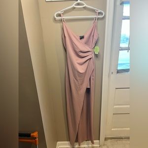 Little Mistress wrap maxi prom dress in blush windsor